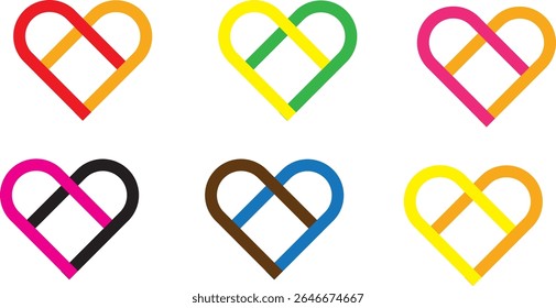 Um conjunto vibrante de seis símbolos cardíacos coloridos interligados em formato vetorial. Cada coração é projetado com um par de cores único e um moderno.