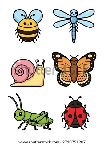 A vibrant set of six cute cartoon bugs and a snail, featuring a bee, dragonfly, butterfly, grasshopper, ladybug, and a pink-shelled snail.
