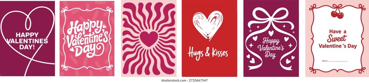 A vibrant set of six different Valentine's Day cards, each featuring unique typography, hearts, and romantic illustrations in shades of red, pink, and white.