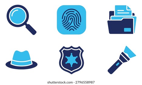 A vibrant set of six flat detective-themed icons featuring a magnifying glass, fingerprint, folder with documents, detective hat, police badge, and flashlight. Perfect for security, investigation, or law enforcement projects. Clean and modern vector design with a cohesive color scheme.