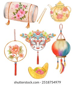 A vibrant set of six hand-painted watercolor elements featuring Asian cultural objects, perfect for artistic and cultural themes. Includes a drum, teapot, mask, lantern, fan, and circular decoration.