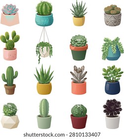 A vibrant set of sixteen different cactus and succulent varieties planted in colorful geometric and textured ceramic pots. Beautifully detailed watercolor style illustration featuring echeveria, barrel cactus, zebra haworthia, lithops, bunny ears cactus, string of pearls, aloe vera, and jade plant.