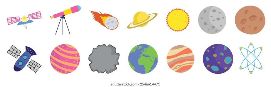 Un vibrante conjunto de ilustraciones con temas espaciales que presentan planetas, satélites, telescopios, meteoros y más. Perfecto para proyectos educativos y de temática científica.