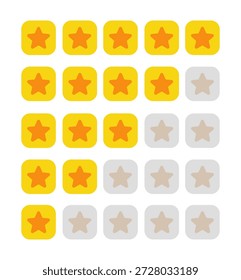 Eine lebendige Reihe von Sternenbewertungs-Indikatoren mit orangefarbenen Sternen in hellgelben, abgerundeten quadratischen Kacheln. Die Kollektion zeigt Rankings von einem bis fünf Sternen mit weichen, grauen, inaktiven Zuständen, ideal für E-Commerce-Websites, Apps und positive Kundenfeedback-Abschnitte.