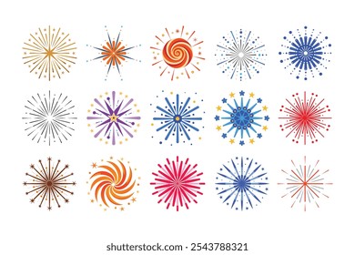 Un vibrante conjunto de Ilustraciones vectoriales de estallido estelar y fuegos artificiales perfecto para celebraciones, fiestas y Elementos de Diseño gráfico.