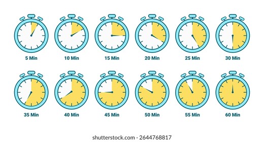 A vibrant set of stopwatch icons illustrating time intervals from 5 to 60 minutes in 5-minute increments. Ideal for presentations, infographics, and educational materials.