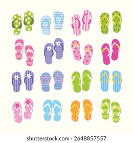A vibrant set of stylish and cute flip-flops, perfect for beach days, summer vacations, and casual outings. This collection features a variety of sandals with striped, floral, and dotted patterns in f