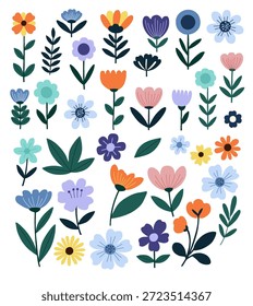 Un vibrante conjunto de ilustraciones estilizadas de flores y hojas en un estilo de diseño plano moderno. Perfecto para patrones de primavera, tarjetas de felicitación y proyectos gráficos con temas de naturaleza.