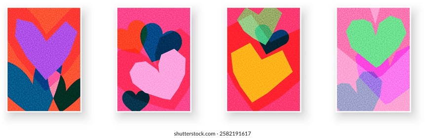 A vibrant set of textured heart designs with bold overlapping shapes. Vector illustration for creative themes.