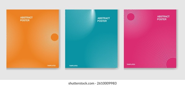 A vibrant set of three abstract posters featuring smooth concentric circles and wave-like illusions in bold orange, teal, and magenta backgrounds.