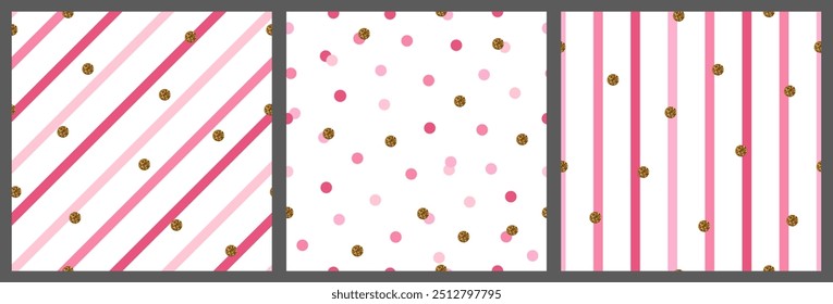 Vibrant set of three pink birthday patterns featuring diagonal, vertical stripes, and polka dots. Accented with gold glitter circles. Perfect for festive wrapping paper, invitations, ads, and cards.