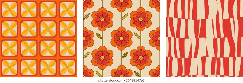A vibrant set of three seamless vector patterns inspired by retro 60s and 70s aesthetics. This collection features vintage floral motifs, abstract geometric shapes, and wavy stripe illusions