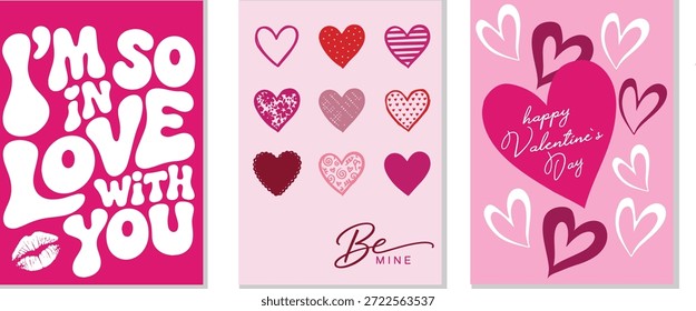 Eine lebendige Reihe von drei Valentinstag-Karten mit ausdrucksvollen Botschaften, verschiedenen Herz-Illustrationen und liebevollen Gefühlen.