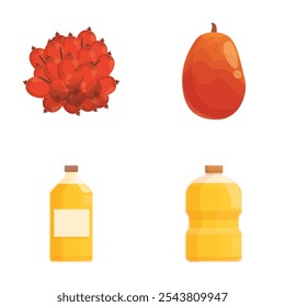 Vibrante conjunto de ilustraciones de frutas tropicales que incluyen un manojo de frutas rojas y un mango, con dos botellas de jugo