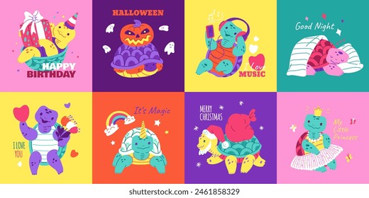 A vibrant set of turtle-themed vector illustrations showcasing turtles in various festive scenarios with accompanying celebratory text.