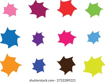Um conjunto vibrante de doze formas irregulares em um espectro de cores arrojadas, apresentadas em um fundo branco limpo.