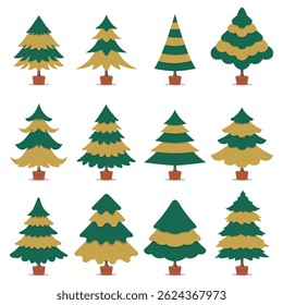 Vibrant set of twelve stylized Christmas tree illustrations featuring unique designs in festive green and golden colors. Perfect for holiday, interior decor, or creative graphic applications.