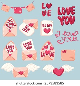 A vibrant set of Valentine-themed love letters, envelopes, and heart illustrations in a romantic style