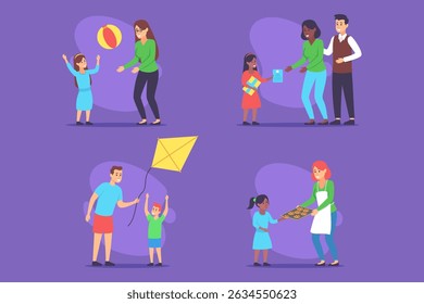 Vibrant set of various family activities. Children playing with toys while adults engaged in caring interactions, fostering joy and connection in their relationships