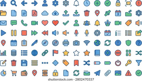 A vibrant set of various icons in different colors and styles, including symbols for communication, navigation, and objects, arranged neatly on a pure white background.