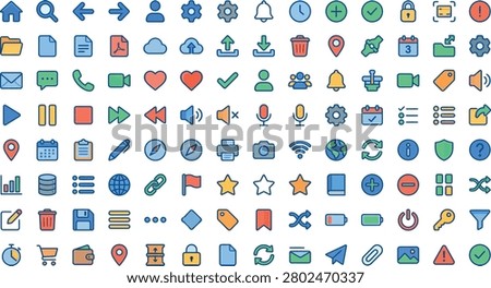A vibrant set of various icons in different colors and styles, including symbols for communication, navigation, and objects, arranged neatly on a pure white background.