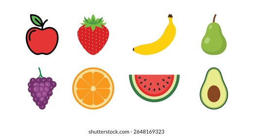 A vibrant set of vector EPS icons featuring various fruits like apple strawberry banana pear grapes orange watermelon and avocado perfect for health food themes.