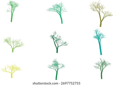 Um conjunto vibrante de árvores e plantas verdes vetoriais