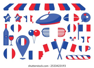 Un vibrante conjunto de Ilustraciones vectoriales en colores de la bandera francesa en un estilo de dibujos animados. Colección del arte del Clip: besos labios, banderas, emblemas, decoraciones, pin de ubicación, pulgar para arriba, accesorios