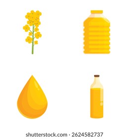 Vibrant set of vectors featuring canola flowers, oil bottle, oil drop, and a filled canola oil container