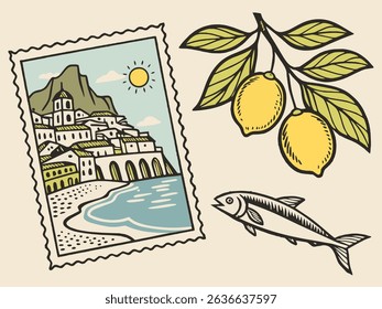 A vibrant set of vintage travel stamps and icons illustrates a summer beach landscape with tropical fruit, palm trees, and fresh green leaves