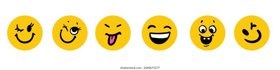 Vibrant set of yellow emoji faces each displaying different expressions. Playful and cheerful designs on a white background. Perfect for digital communication.