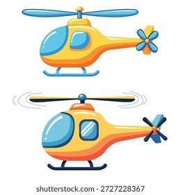 Eine lebendige Reihe gelber Helikopter-Illustrationen mit blauen Rotoren und einer verspielten, glänzenden Spielzeugästhetik. Diese Vektorsymbole im 3D-Stil eignen sich perfekt für Kinderthemen in der Luftfahrt, für Verkehrsgrafiken und für mobile Spiele.