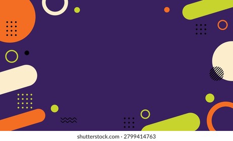 Vibrant shapes float on deep purple background. Geometric forms scatter with playful energy. Bold colors contrast against rich, dark tone. Modern design invites creativity and motion