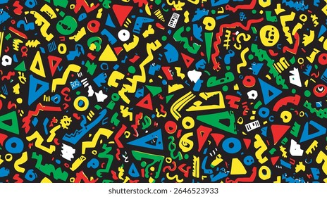 Vibrant shapes scattered generate abstract pattern against black background detail