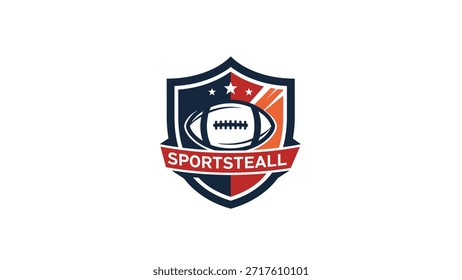 Un logotipo de escudo vibrante con un balón de fútbol americano, estrellas y la palabra 'SPORTSTEALL' en un Anuncio, diseñado para la marca deportiva.