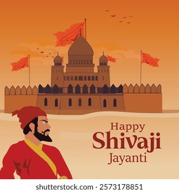 A vibrant Shivaji Jayanti greeting featuring an illustration of Chhatrapati Shivaji Maharaj in traditional attire with a grand fort in the background adorned with saffron flags, symbolizing his leader