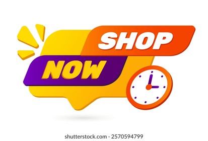 Vibrant Shop Now banner with yellow, orange, and purple elements, featuring a clock icon, on a white background. Concept of marketing and promotion. Vector illustration