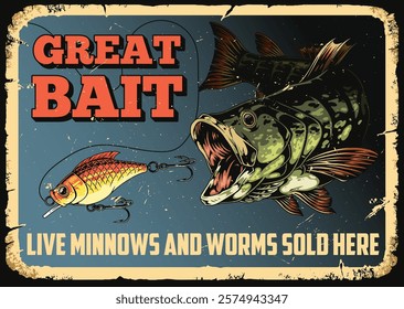 A vibrant sign advertising live minnows and worms for sale featuring a large fish striking at bright bait. The design is colorful aiming to attract fishers in a rustic setting.