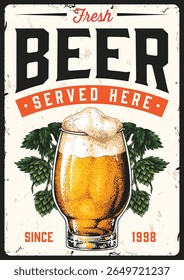 A vibrant sign highlights the availability of fresh beer at a local brewery. The design features a glass of beer with hops and leaves inviting patrons to enjoy a refreshing drink.