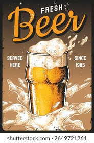 A vibrant sign showcases a frothy beer served in a glass surrounded by splashes. This pub has proudly offered fresh beer since 1985 inviting patrons to enjoy.