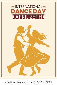 A vibrant silhouette of a dancing couple in midmotion, celebrating International Dance Day on April 29th. The warm, golden tones evoke energy, passion, and unity, capturing the spirit of dance as a universal language of joy and expression.