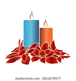 A vibrant silhouette illustration featuring two lit candles nestled amongst bright red poinsettia petals, evoking a warm holiday spirit and festive ambiance.