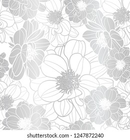 vibrant silver & white flowers texture vector seamless repeat pattern. great for retro fabric, wallpaper, scrapbooking projects. Surface pattern design.