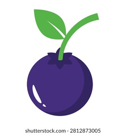 A vibrant and simple flat design icon of a single ripe blueberry with a small green leaf. This healthy berry symbol is perfect for nutrition, diet, and food themes.
