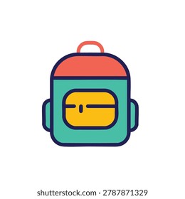 A vibrant and simple flat design illustration of a school bag or backpack featuring a main compartment and a front pocket