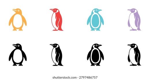 Vibrant and simple penguin illustrations in multiple colors and black and white versions ideal for children's education materials and playful branding projects