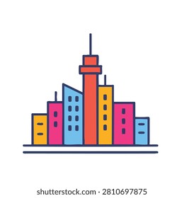 A vibrant and simple vector illustration of a city skyline featuring colorful geometric buildings and a tall central observation tower on a clean background