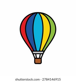A vibrant and simple vector illustration of a multicolored hot air balloon featuring red, blue, cyan, yellow, and green stripes with a brown passenger basket.