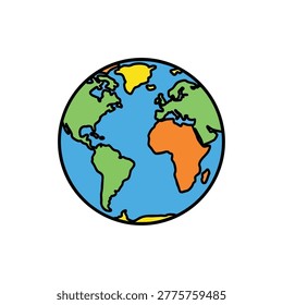 A vibrant and simple vector-style drawing of the globe featuring stylized continents and oceans against a clean background
