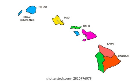A vibrant and simplified graphical representation of the main islands in the state of Hawaii with colorful shapes and labeled locations